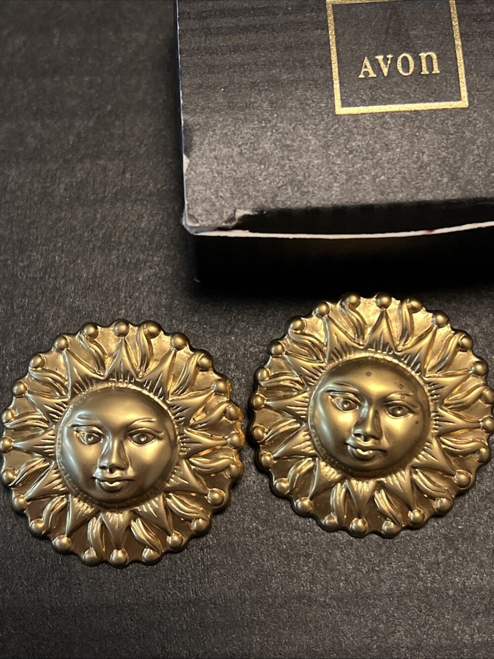 Vintage Sun Face Celestial Earrings Aztec Gold Tone Metal Avon With Box Pierced